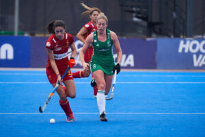 Beatriz Perez Lagunas of Spain #21 and Sarah Rita Hawkshaw of Ireland #8 in action during the FIH Hockey Women’s Nations Cup Spain 2022 at Poliesportiu Municipal Verge del Carme (Valencia,FIH Hockey Women’s Nations Cup Spain 2022). Spain 2:0 Ireland